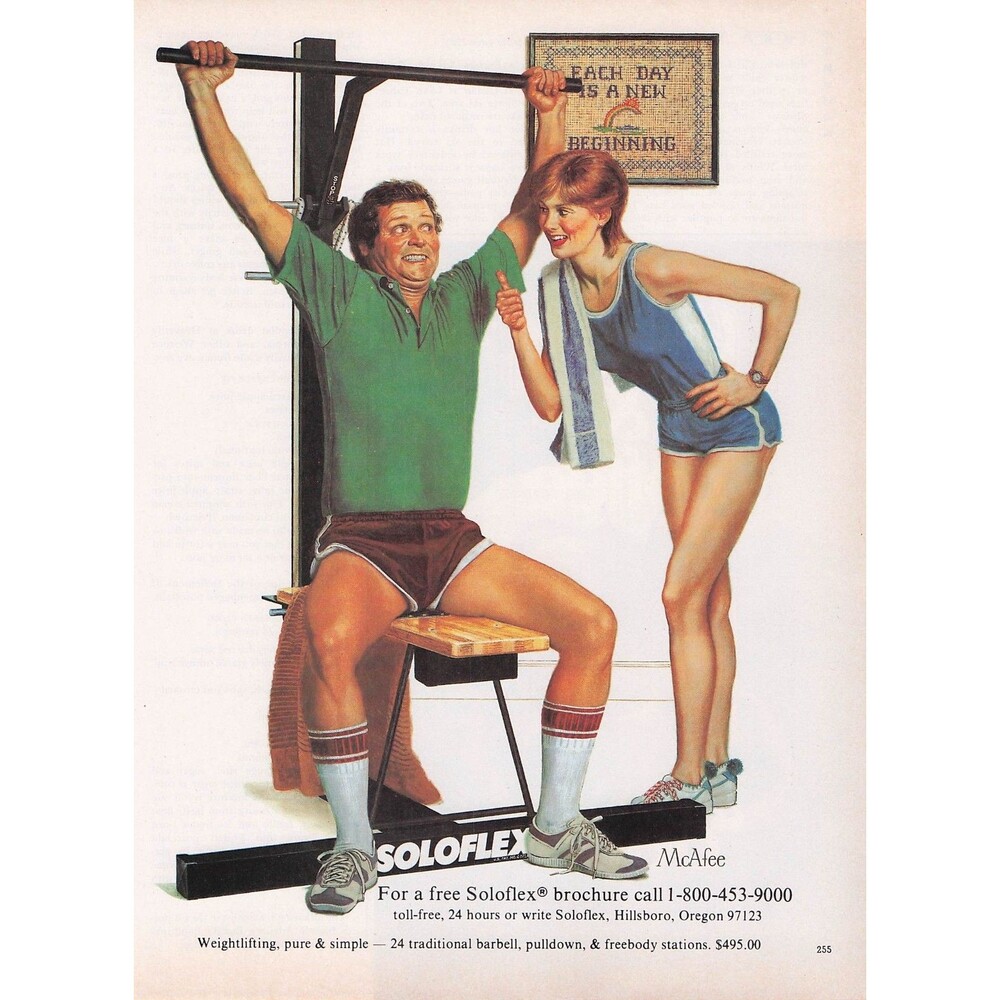 Vintage Soloflex Home Gym Print Ad Fitness poster wall decor cartoon funny humor